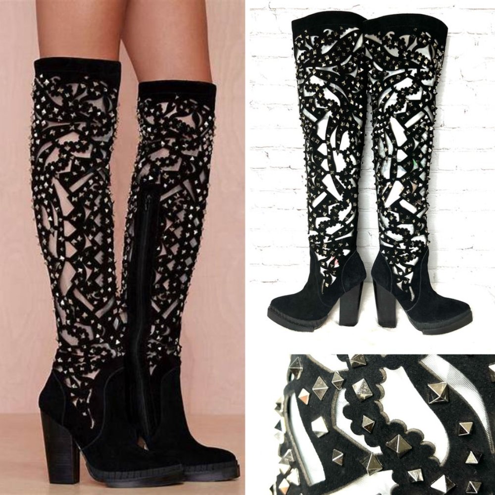 🚫SOLD! NWOT•JEFFREY CAMPBELL•INCREDIBLE Basilica Studded Suede Sheer Over The - Picture 2 of 16
